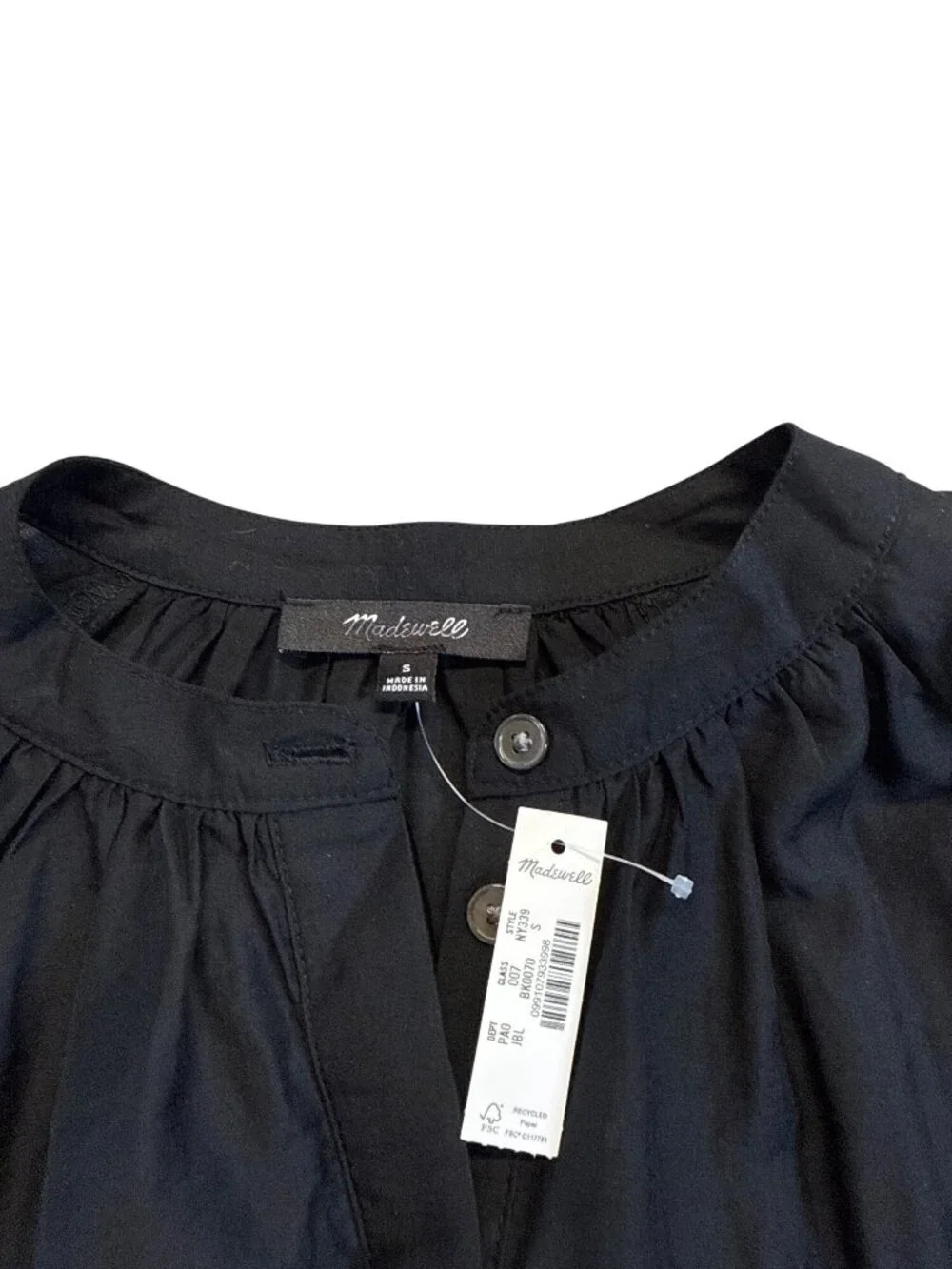 Madewell Womens Shirred Balloon-Sleeve Top~Size Small~Jet Black Blouse NWT L5 02
